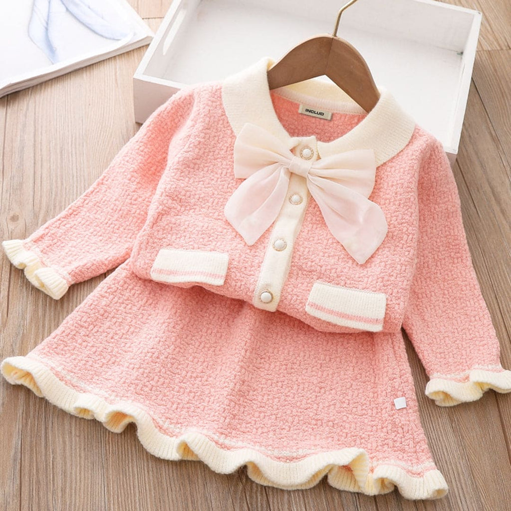 Girls Woolen Cardigan with Skirt Set Sets Pink 1-2 Y 