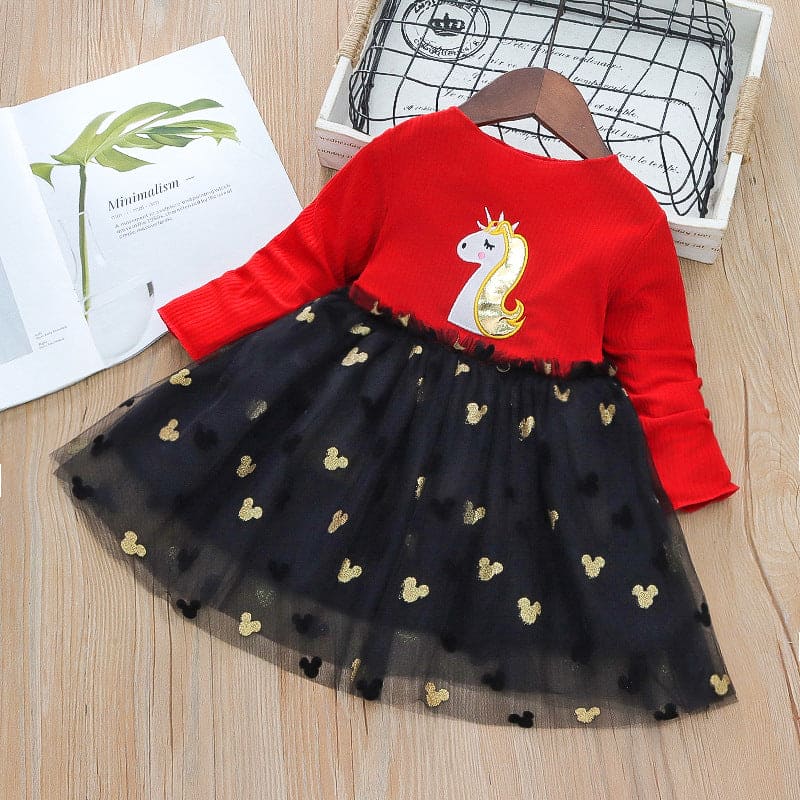 Girls Unicorn Print Full Sleeves Tulle Overlay Dress Casual Dresses Red 1-2 Y 