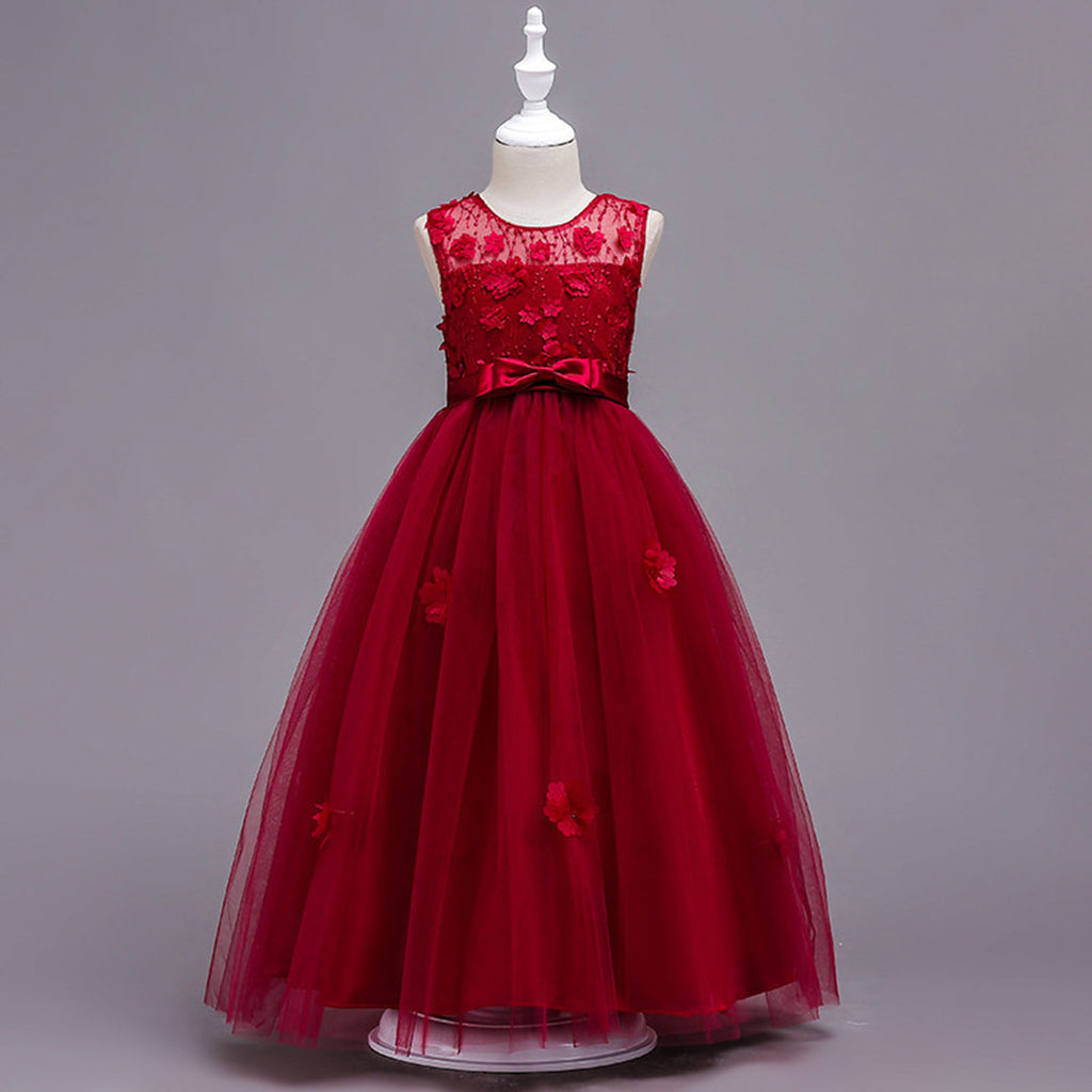 Girls Floral Applique Tulle Party Gown Casual Dresses Maroon 5-6 Y 
