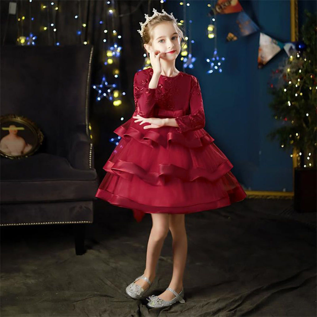 Girls Embroidered Full Sleeves Tiered Dress Casual Dresses Maroon 4-5 Y 