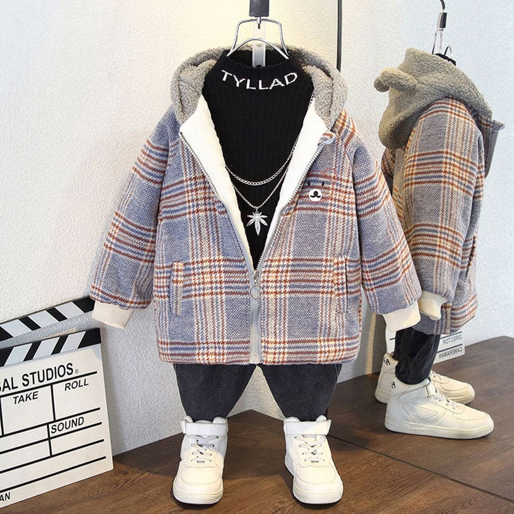 Girls Checkered Fleece Hooded Jacket Coats & Jackets Blue 1-2 Y 