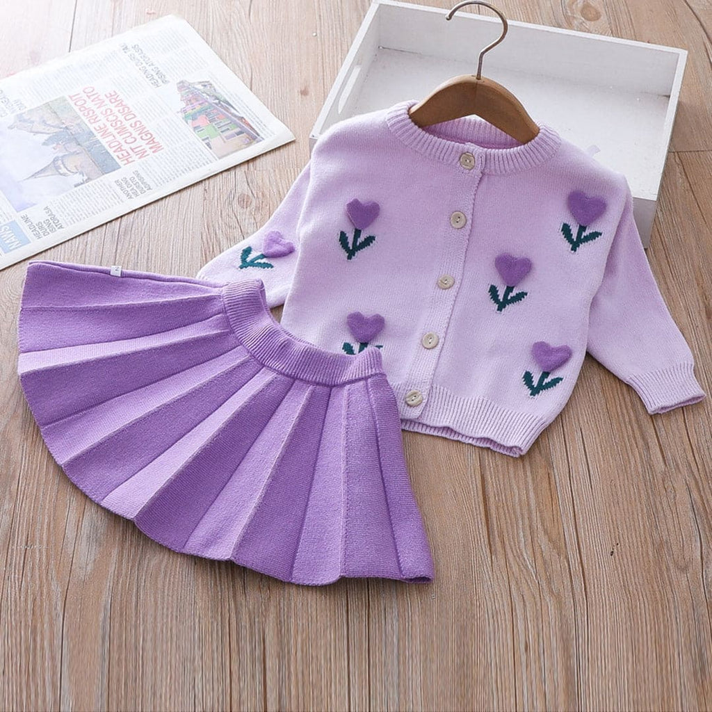 Girls Embroidered Cardigan with Pleated Skirt Set Sets Purple 1-2 Y
