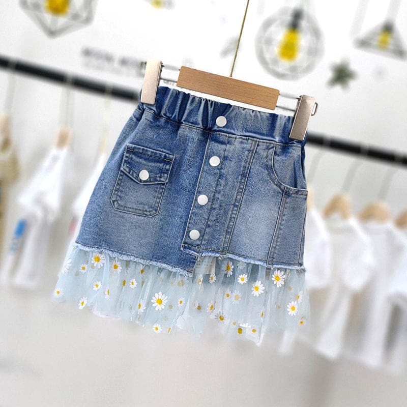 Girls Denim Skirt with Printed Mesh Skirts Blue 4-5 Y 