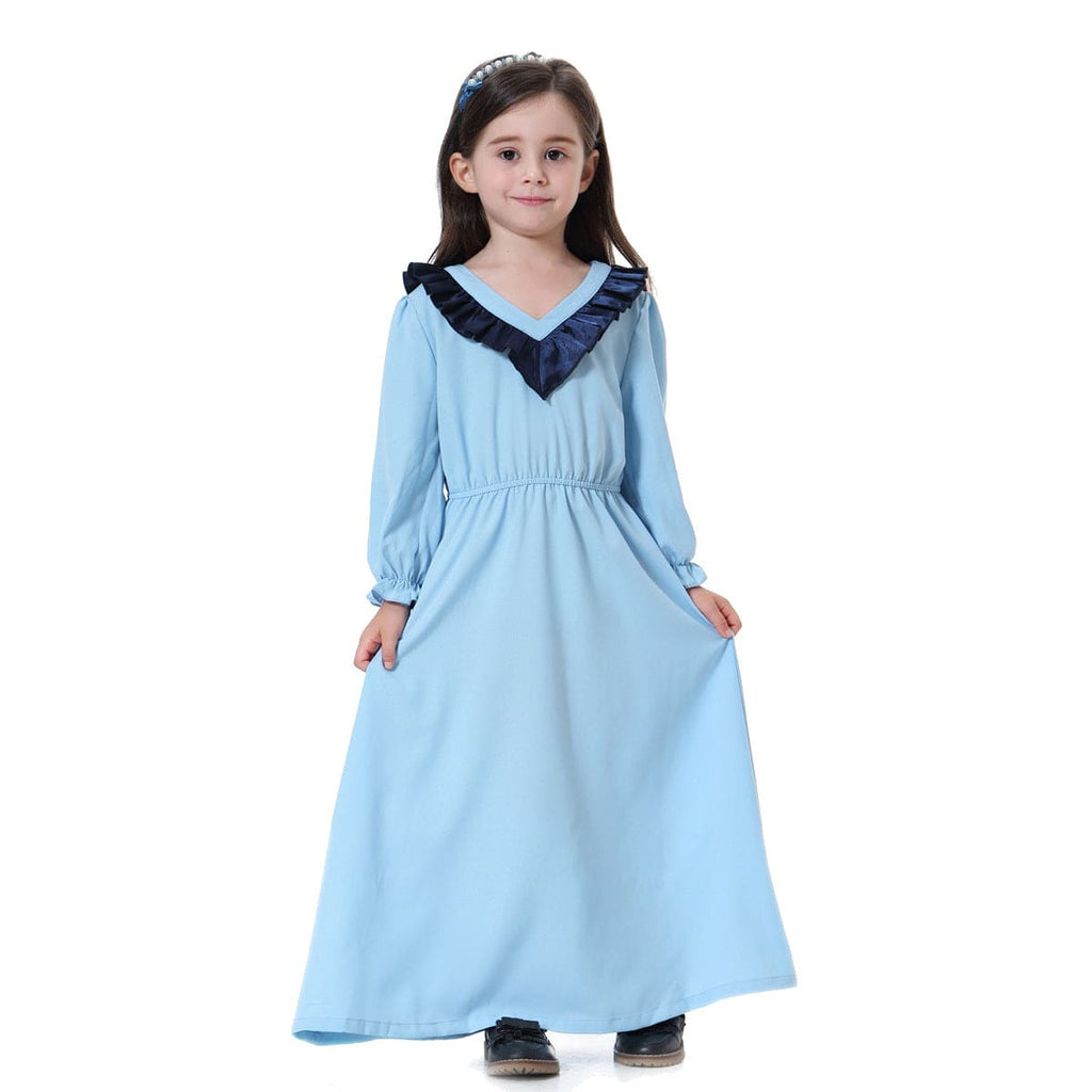 Girls Long Sleeve V-Neck Dress Casual Dresses Sky Blue 1-2 Y 