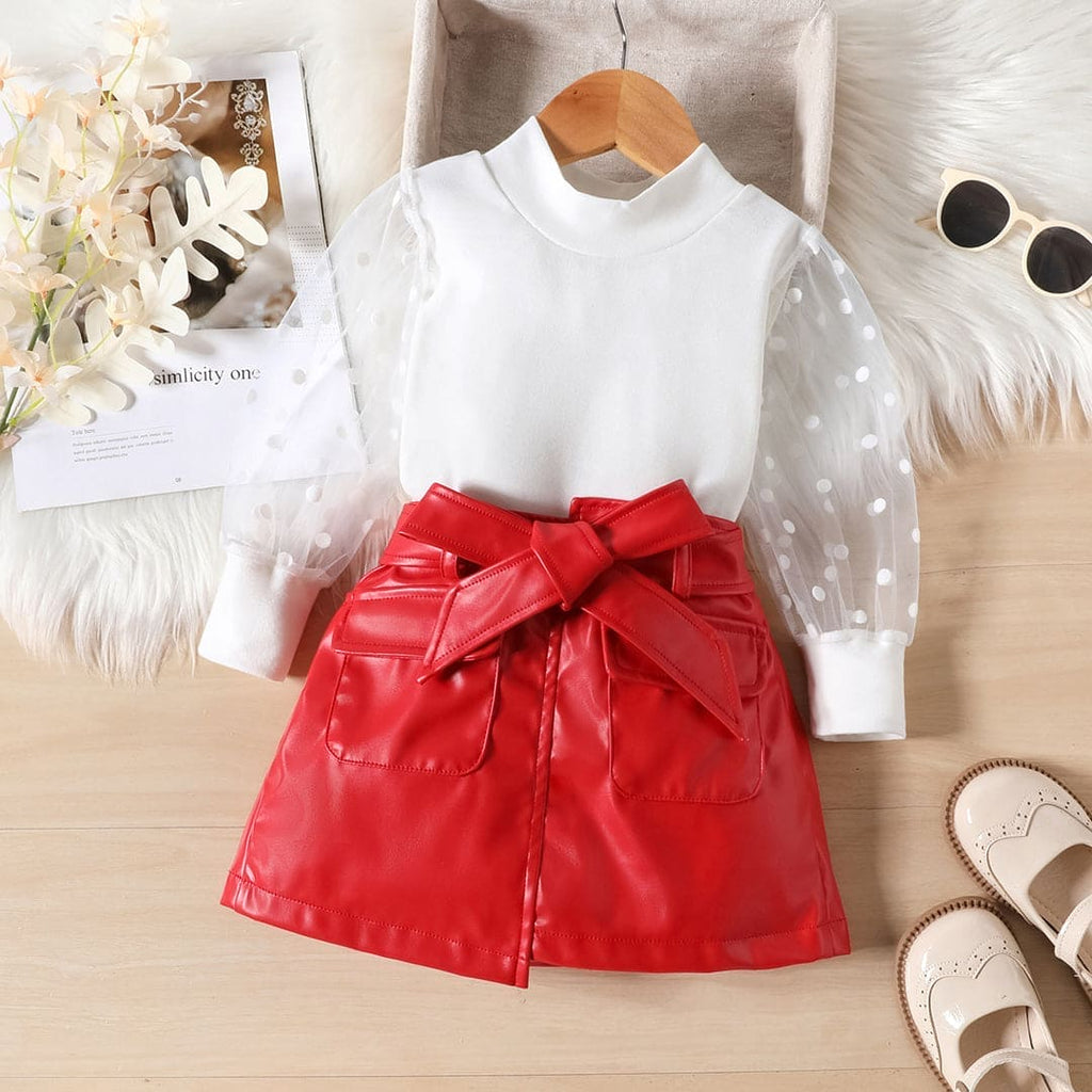 Girls Full Sleeves Top with Faux Leather Skirt Set Sets Red 1-2 Y 