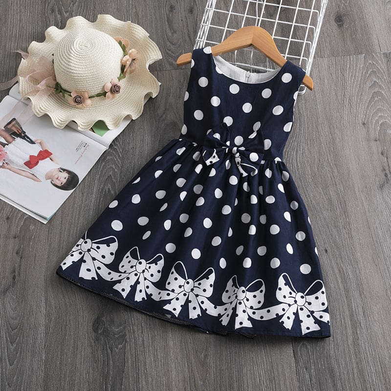 Girls Polka Dot Dress with Bow Applique Casual Dresses Navy 2-3 Y 