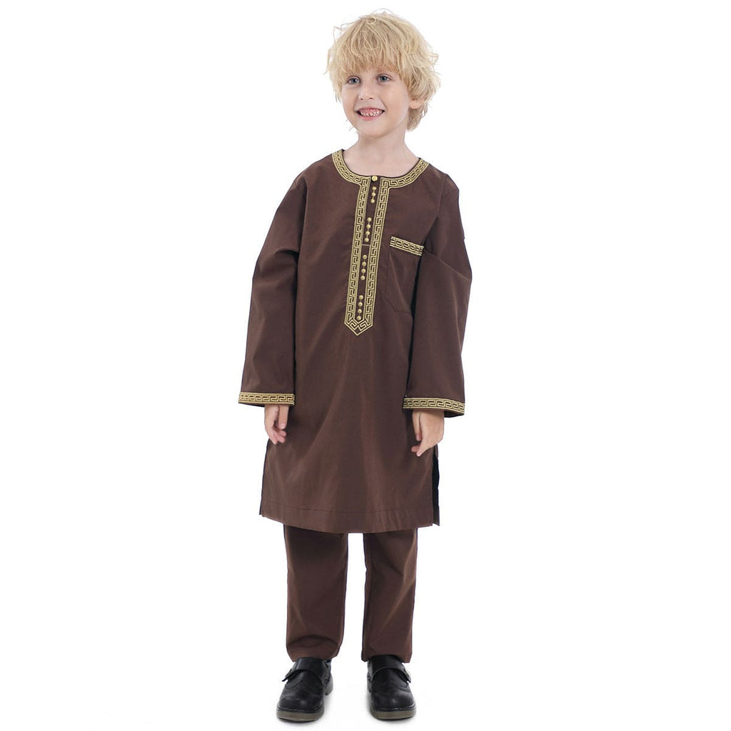 Boys Long Sleeve Embroidered Neck Kurta Pajama Set Sets Brown 4-5 Y 