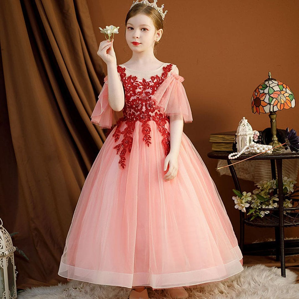 Girls Lace Off Shoulder Tulle Gown Casual Dresses Pink 5-6 Y 