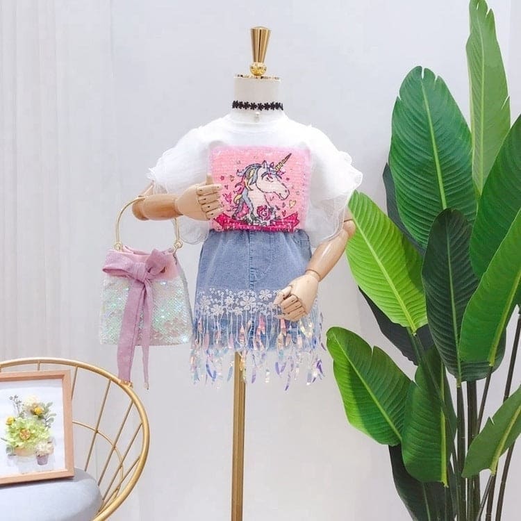 Girls Sequin Applique Top With Denim Skirt Sets White 2-3 Y 