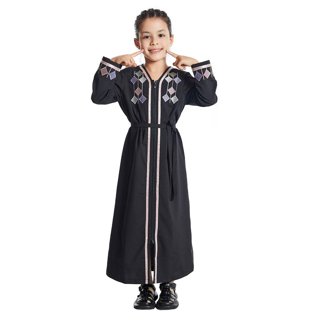 Girls Long Sleeve Front Zipper Long Dress Casual Dresses Black 2-3 Y 