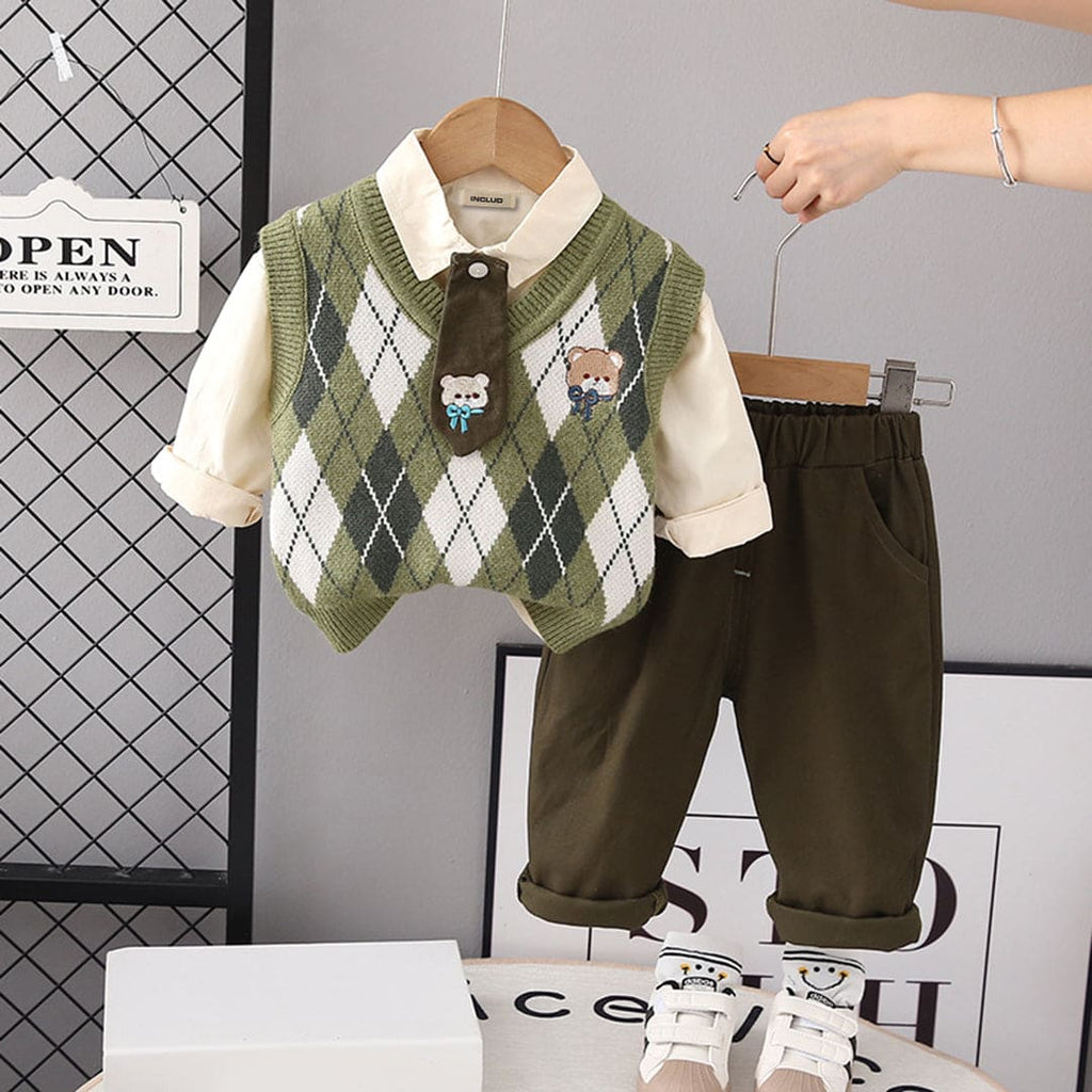 Boys Jacquard Sweater with Shirt & Trouser Set Sets Green 1-2 Y 
