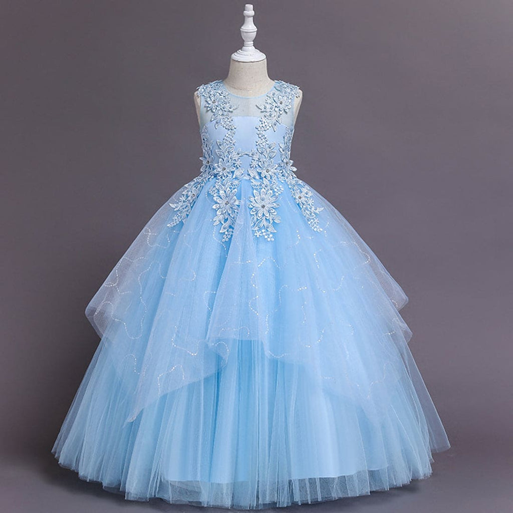 Girls Lace Tulle Party Gown Casual Dresses Blue 4-5 Y 