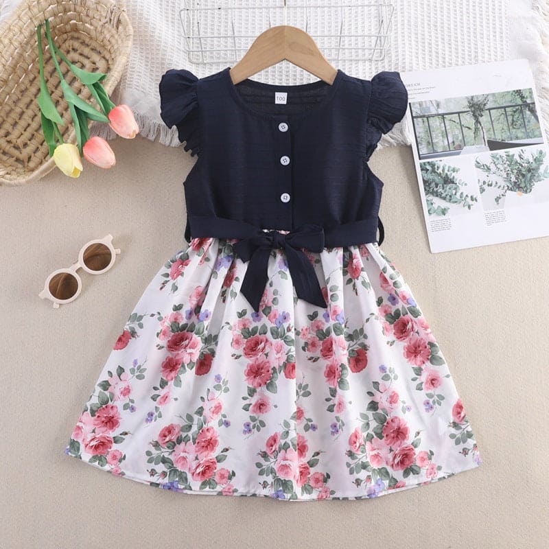 Girls Printed Tie Knot Dress Casual Dresses Navy Blue 2-3 Y 