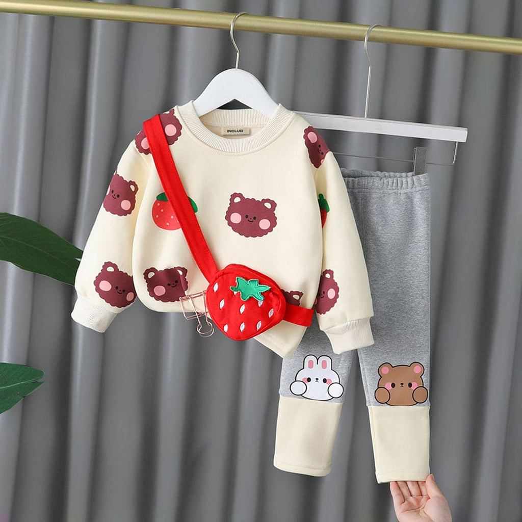 Girls Printed Sweatshirt with Leggings & Sling Bag Set Winterwear Sets Beige 1-2 Y 