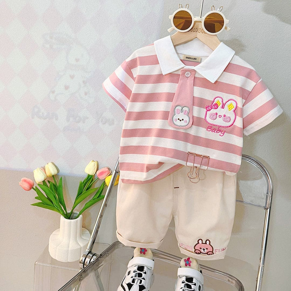 Boys Striped Polo T-shirt with Shorts Set Sets Pink 1-2 Y 