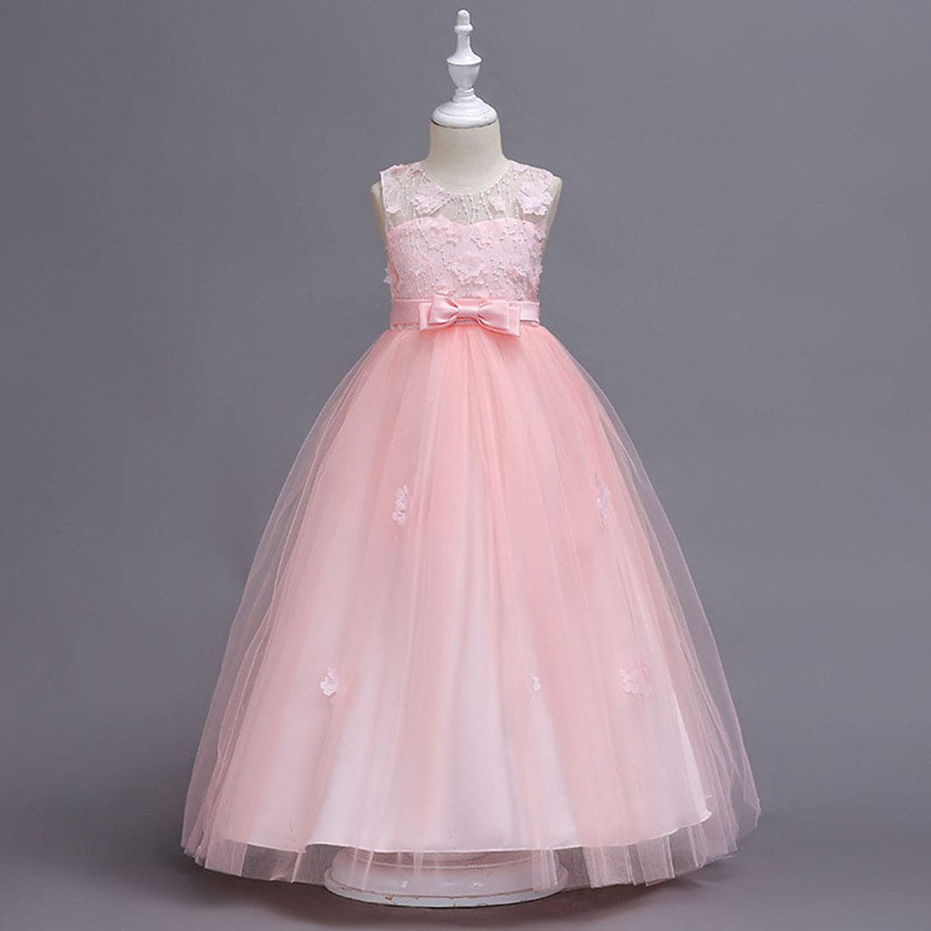 Girls Floral Applique Tulle Party Gown Casual Dresses Peach 5-6 Y 