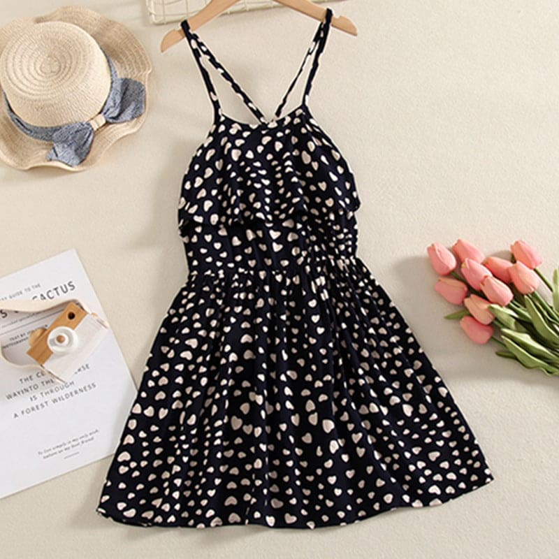 Girls Heart Print Strappy Dress Casual Dresses Black 1-2 Y 