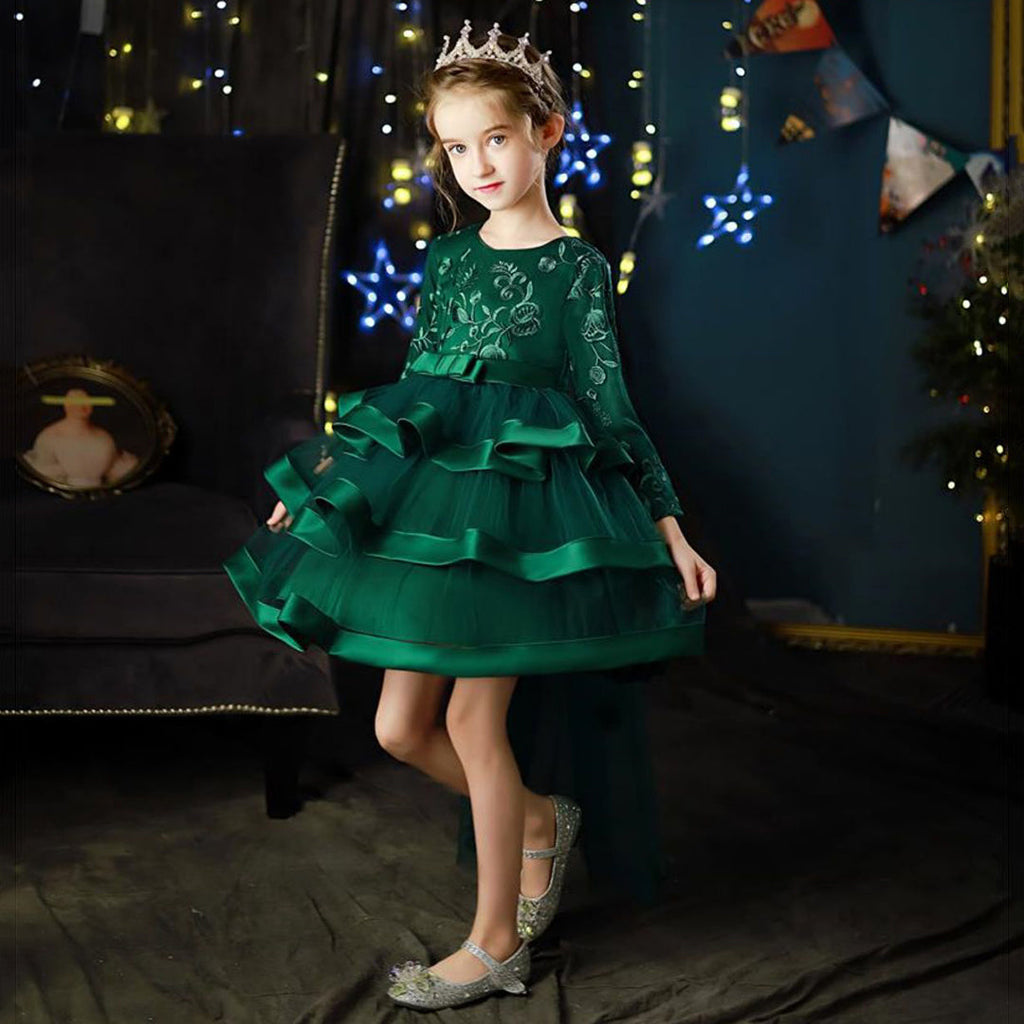 Girls Embroidered Full Sleeves Tiered Dress Casual Dresses Green 4-5 Y 