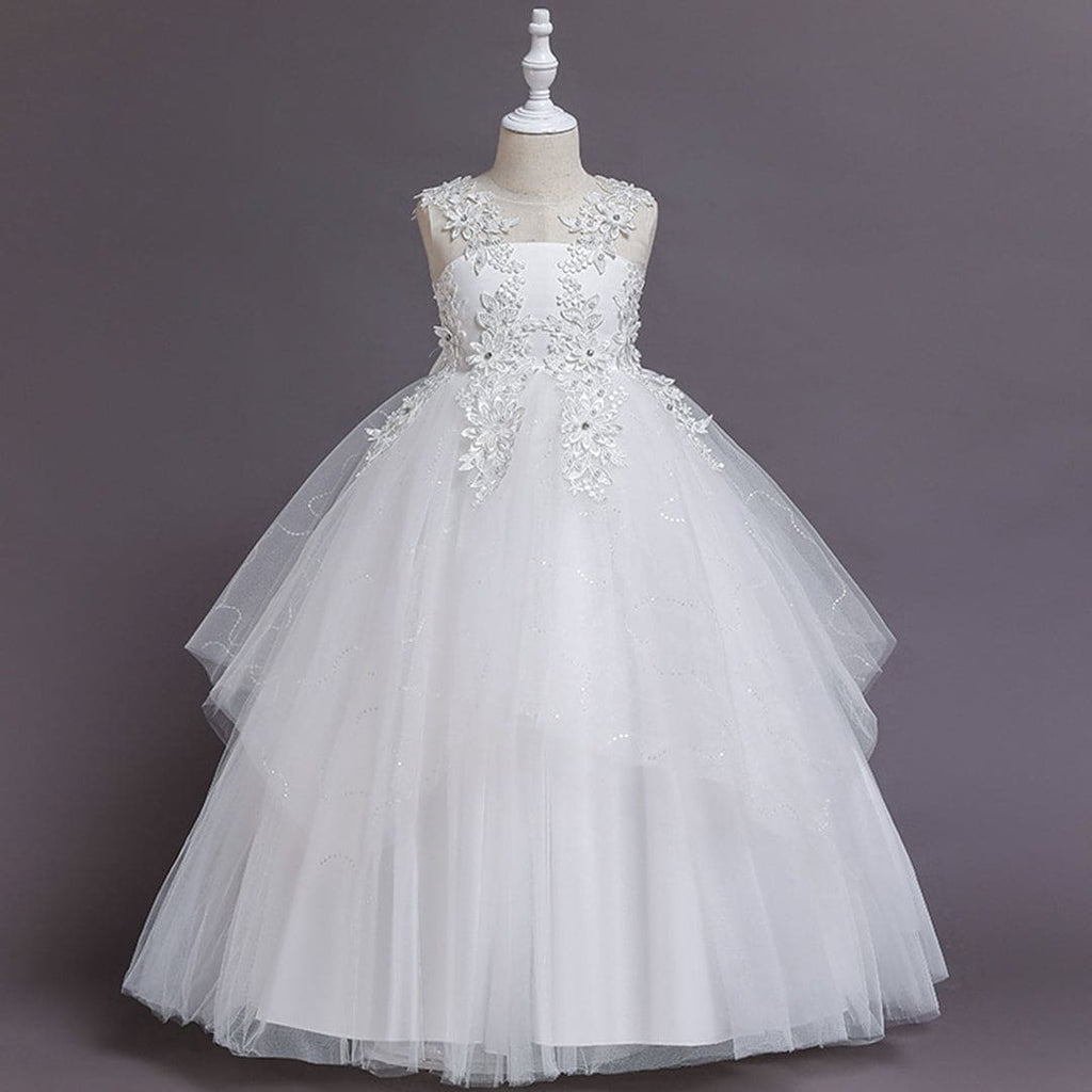 Girls Lace Tulle Party Gown Casual Dresses White 4-5 Y 