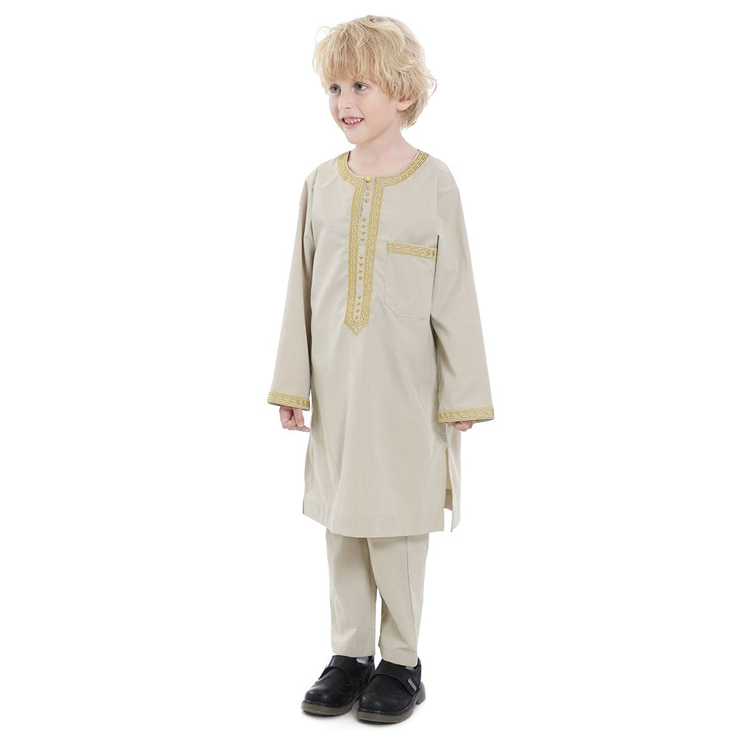 Boys Long Sleeve Embroidered Neck Kurta Pajama Set Sets Beige 4-5 Y 