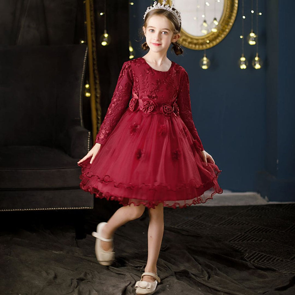 Girls Embroidered Full Sleeves Tulle Party Dress Casual Dresses Maroon 4-5 Y 
