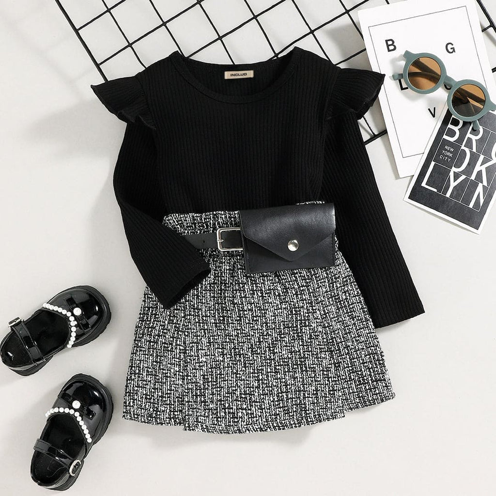 Girls Full Sleeves Top with Pleated Skirt Set Sets Black 1-2 Y 