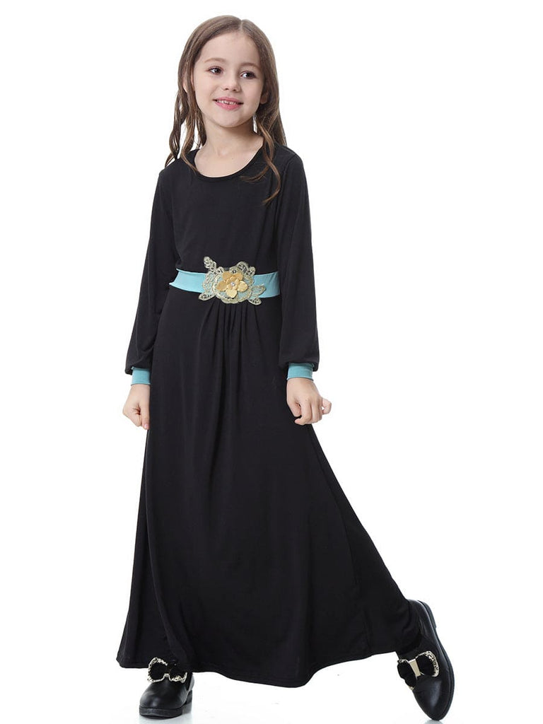 Girls Long Sleeve Flower Applique Party Dress Party Dresses Black 4-5 Y 