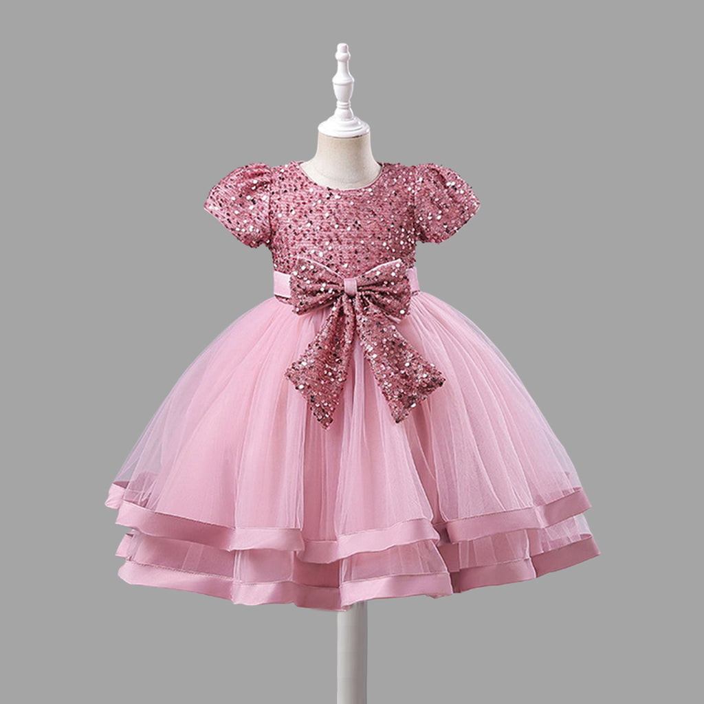 Girls Short Sleeve Sequin Bow Party Dress Party Dresses Light Pink 4-5 Y 