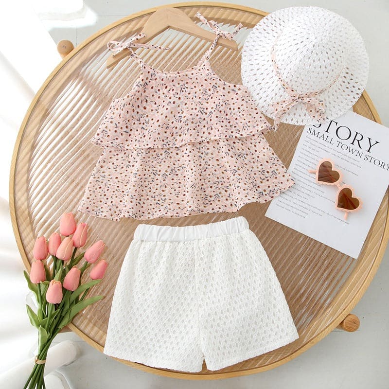 Girls Printed Tiered Top with Schiffli Shorts & Hat Set Sets Pink 1-2 Y 