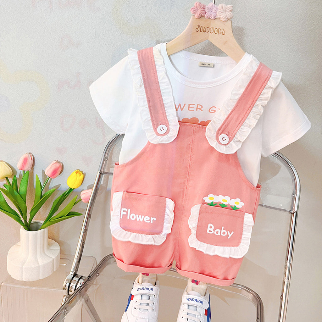 Girls Short Sleeve Flower Graphic T-Shirt With Graphic Dungaree Sets Pink 1-2 Y 