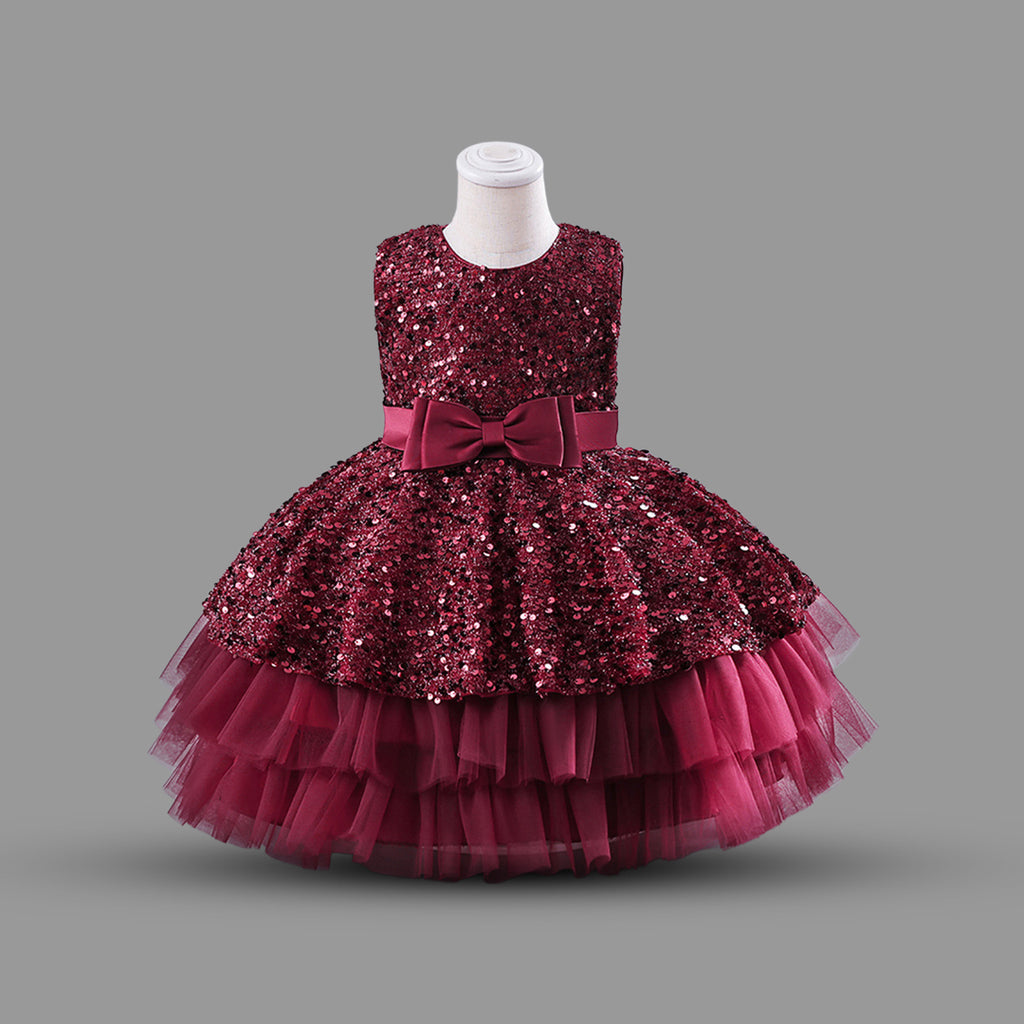 Girls Balloon Shape Sequin Party Wear Dress With Bow Party Dresses Maroon 1-2 Y 