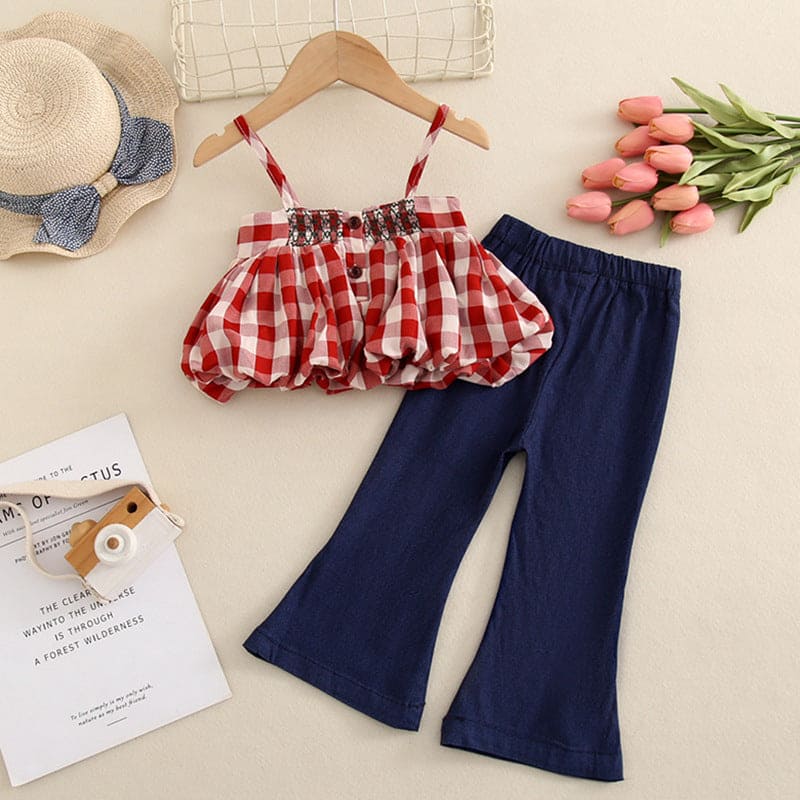 Girls Sleeveless Balloon Shape Top With Denim Pants Sets Red 2-3 Y 
