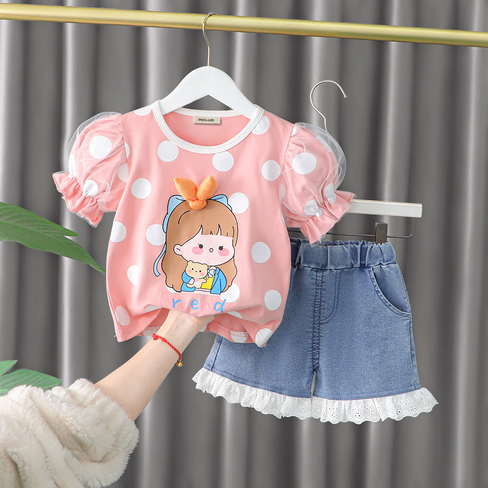 Girls Polka Dot Print Graphic Top With Denim Shorts Sets Pink 1-2 Y 