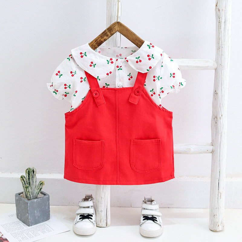 Girls Cherry Print Top with Dungaree Dress Set Sets Red 1-2 Y 