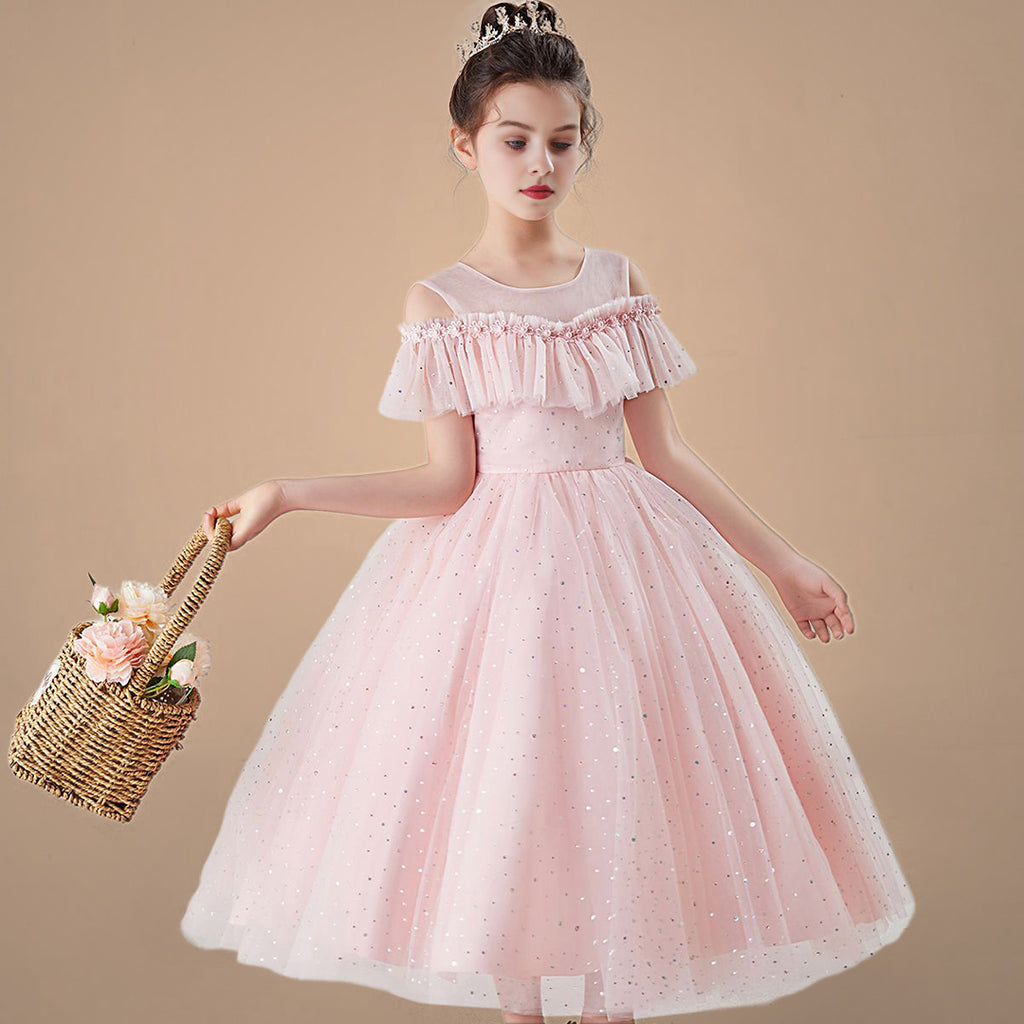 Girls Cold Shoulder Polka Dot Foil Print Party Dress Party Dresses Pink 6-7 Y 
