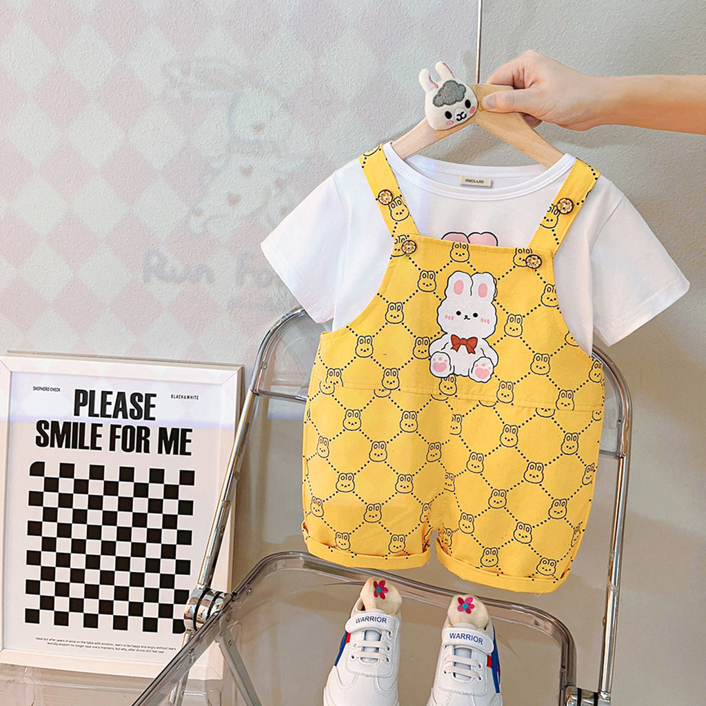Girls Short Sleeve Graphic T-Shirt With Printed Dungaree Sets Yellow 1-2 Y 