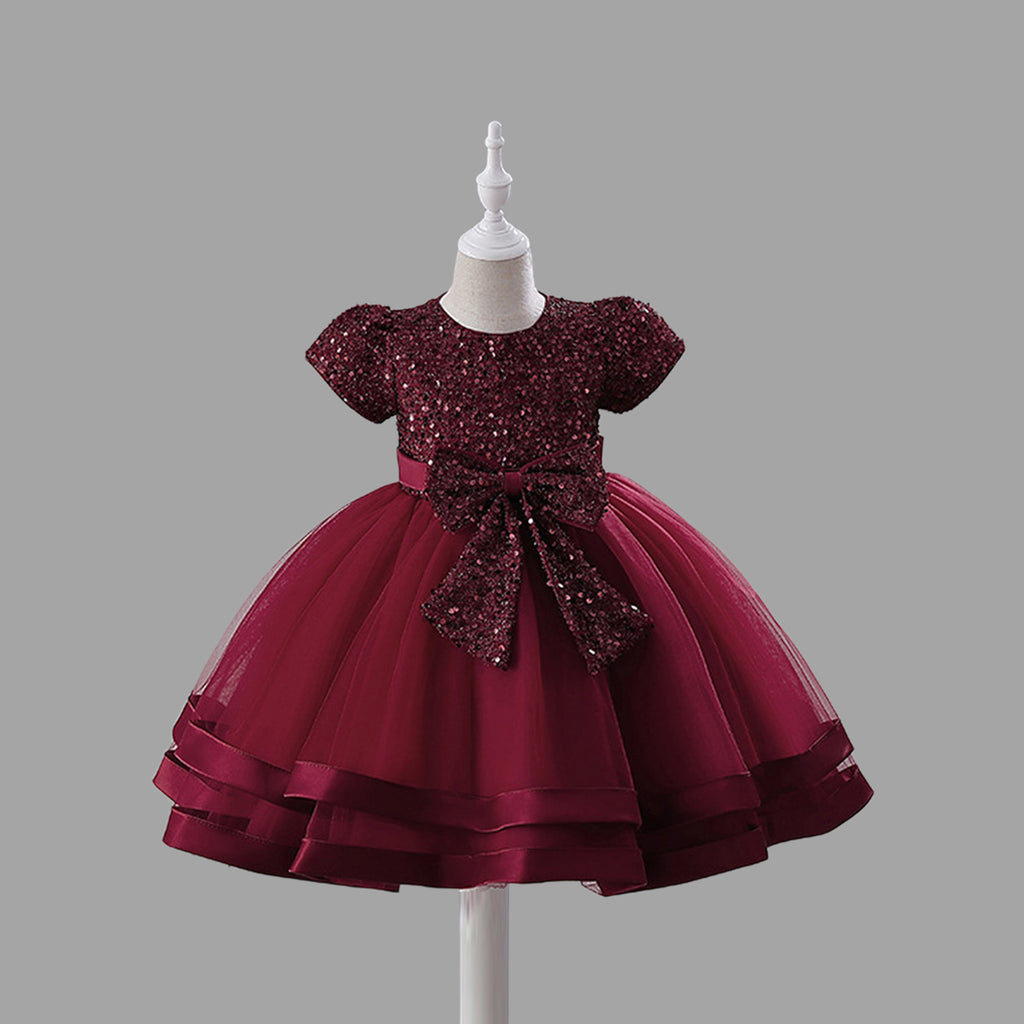 Girls Short Sleeve Sequin Bow Party Dress Party Dresses Red 4-5 Y 