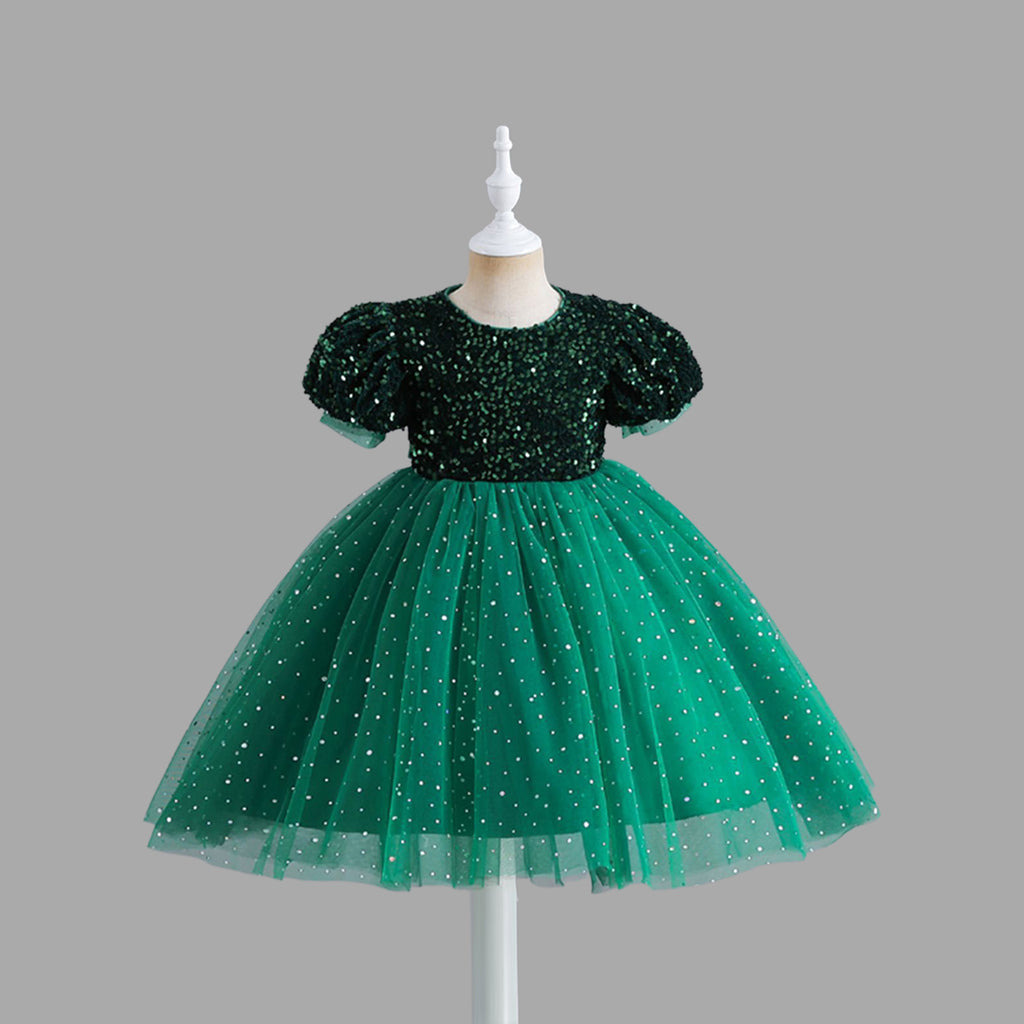 Girls Sequins Embellished Puff Sleeves Party Dress Party Dresses Green 2-3 Y 