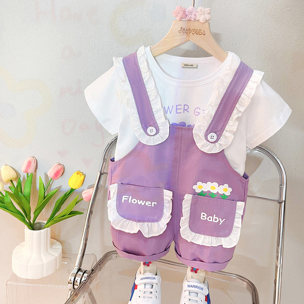 Girls Short Sleeve Flower Graphic T-Shirt With Graphic Dungaree Sets Purple 1-2 Y 