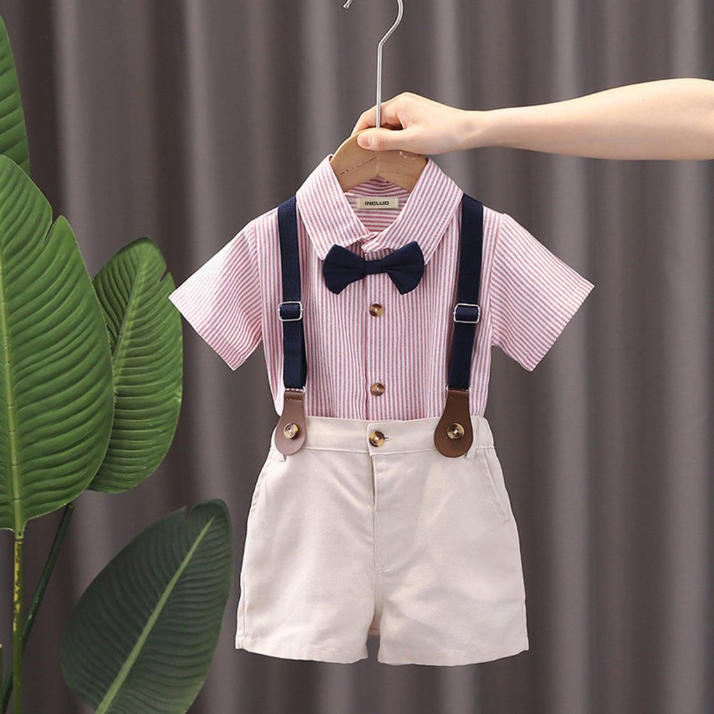 Boys Striped Shirt with Suspender Shorts Set 2 pc. Sets Pink 1-2 Y 