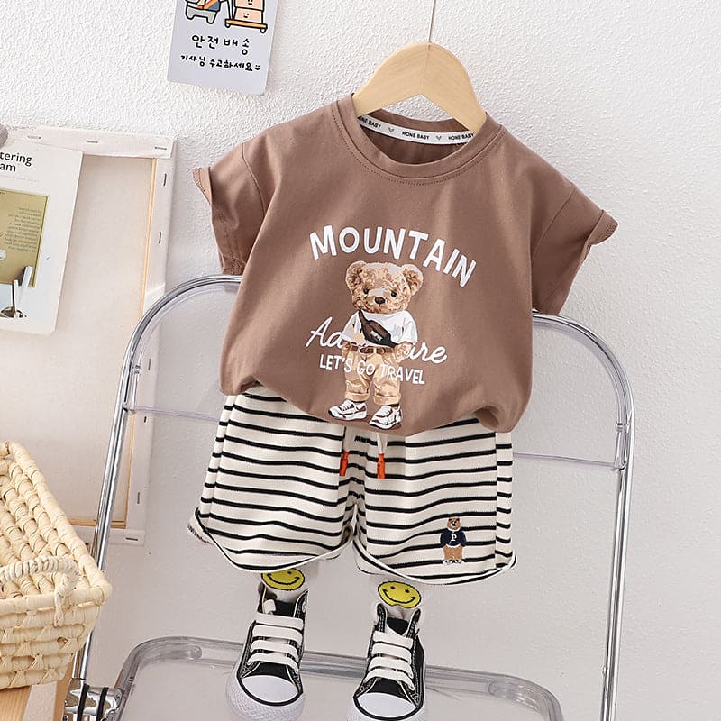 Boys Bear Printed T-Shirt & Striped Shorts Sets Brown 1-2 Y 